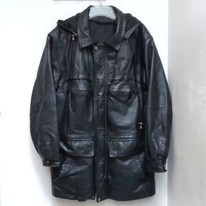 Black Leather Coat with Detachable Hood